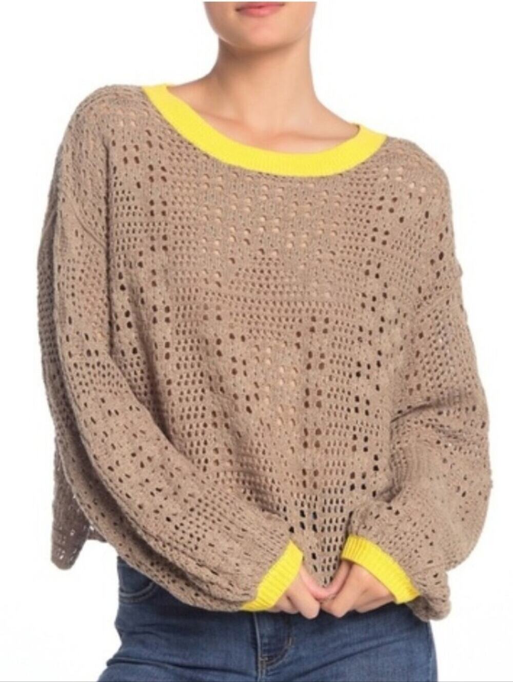 Free People Open-Knit Crop Oversized Sweater Taupe with Yellow Trim Large